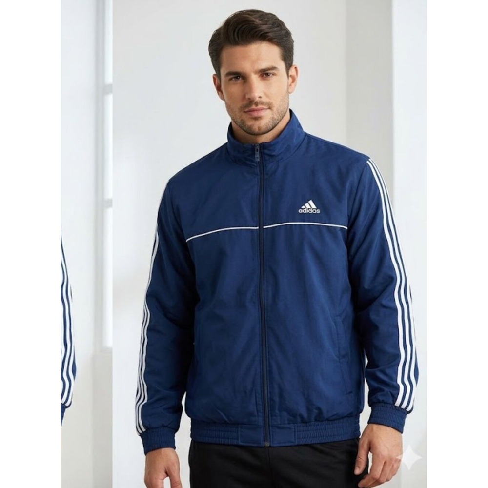 Adidas Men's Blue Windbreaker with White Stripes